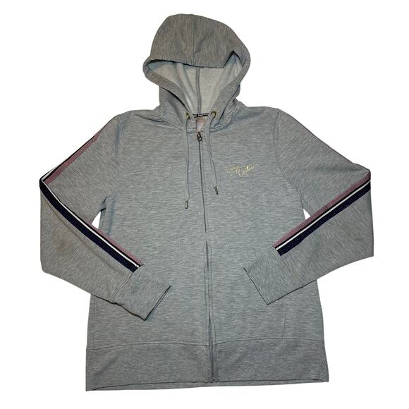 Juicy Couture Women’s Large Zip Up Hoodie Sweatshirt Sparkly Striped Sleeves - Picture 1 of 8